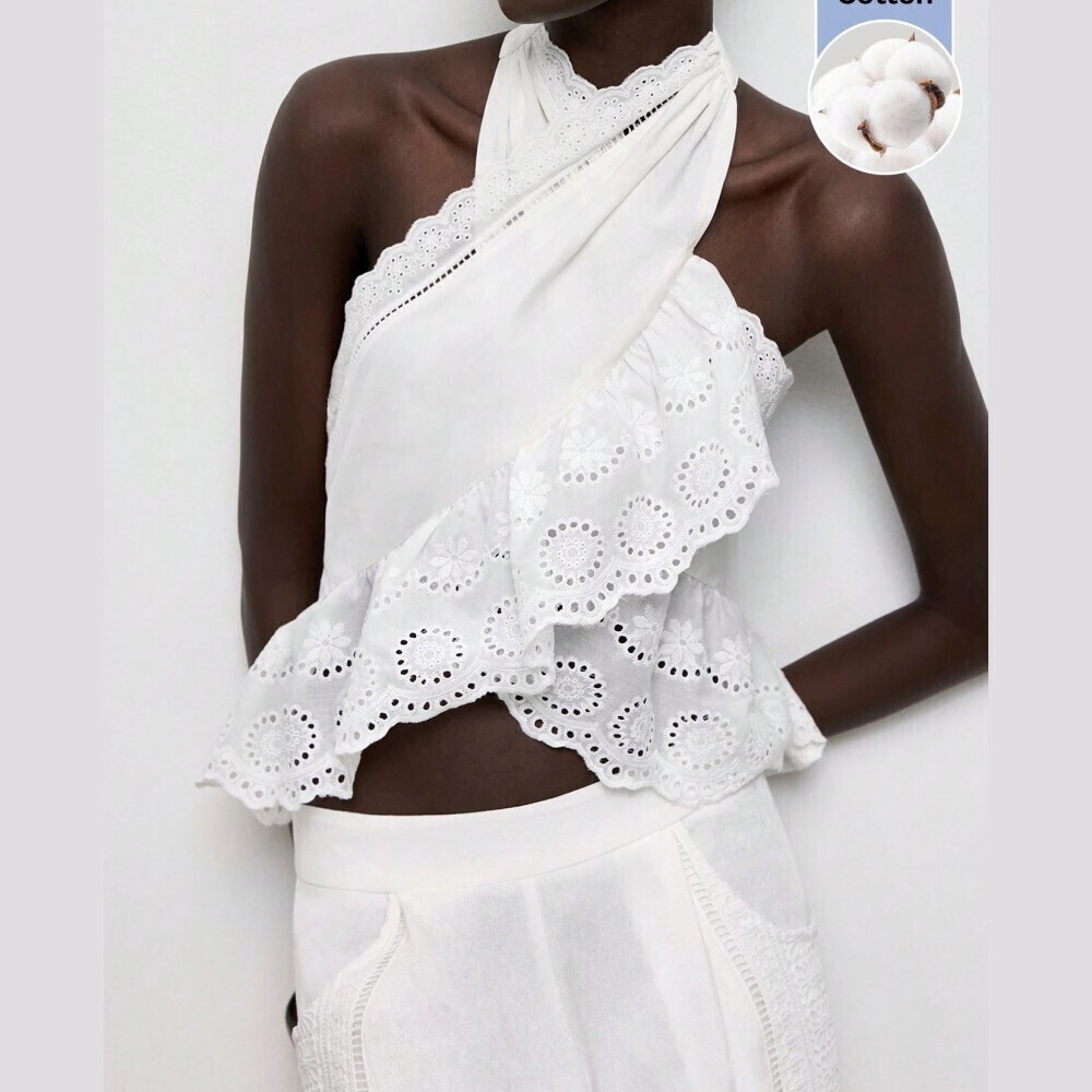 White Cotton Eyelet Lace Halter Ruffled Crop Top